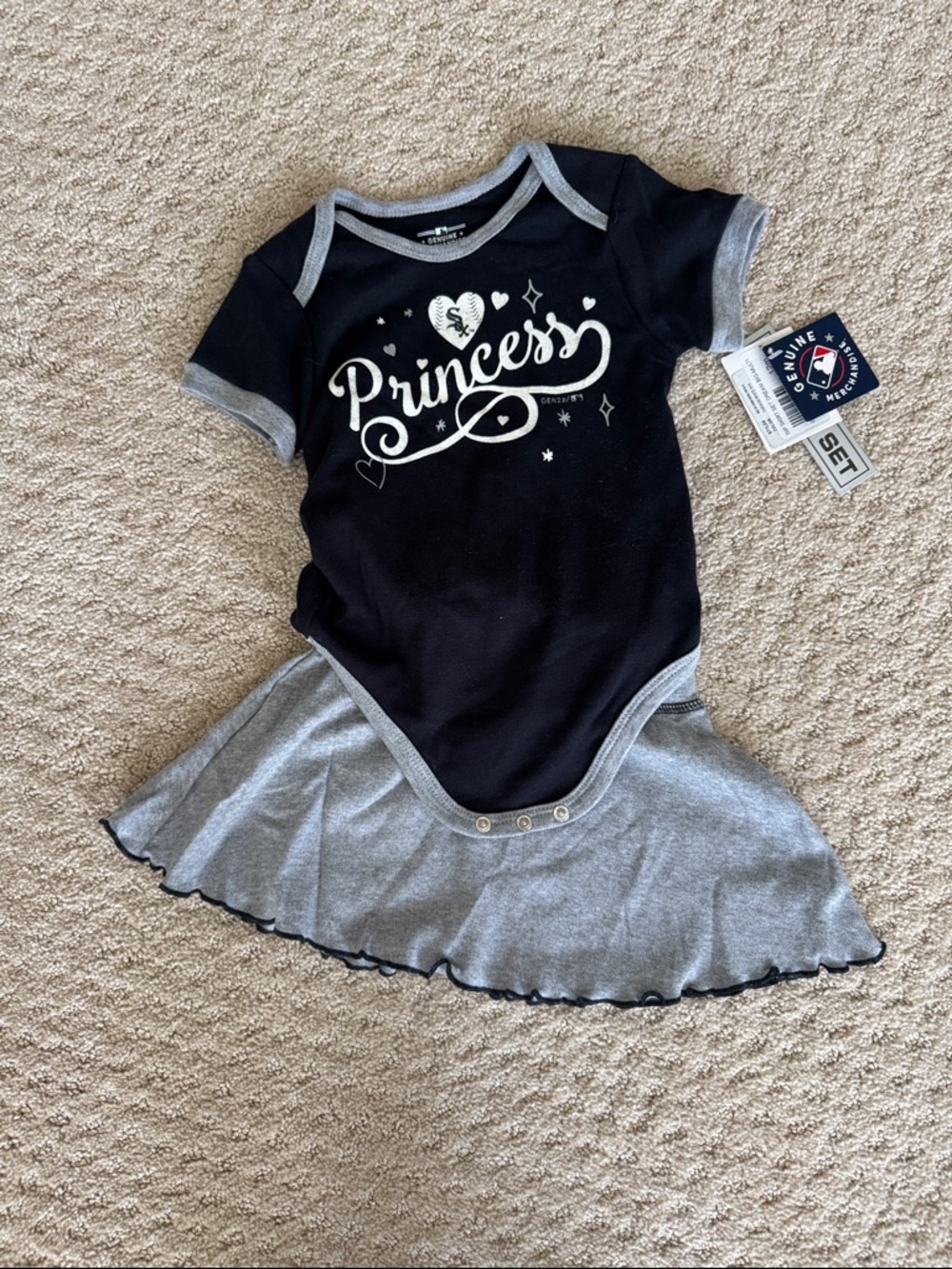 White Sox Baseball Black and Gray "Princess" Baby Onesie with Skirt
